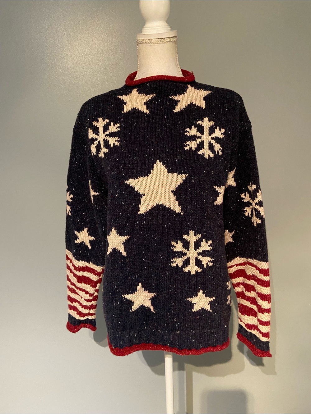 Coldwater Creek Navy Sweater with White Stars, Snowflakes & Red Trim